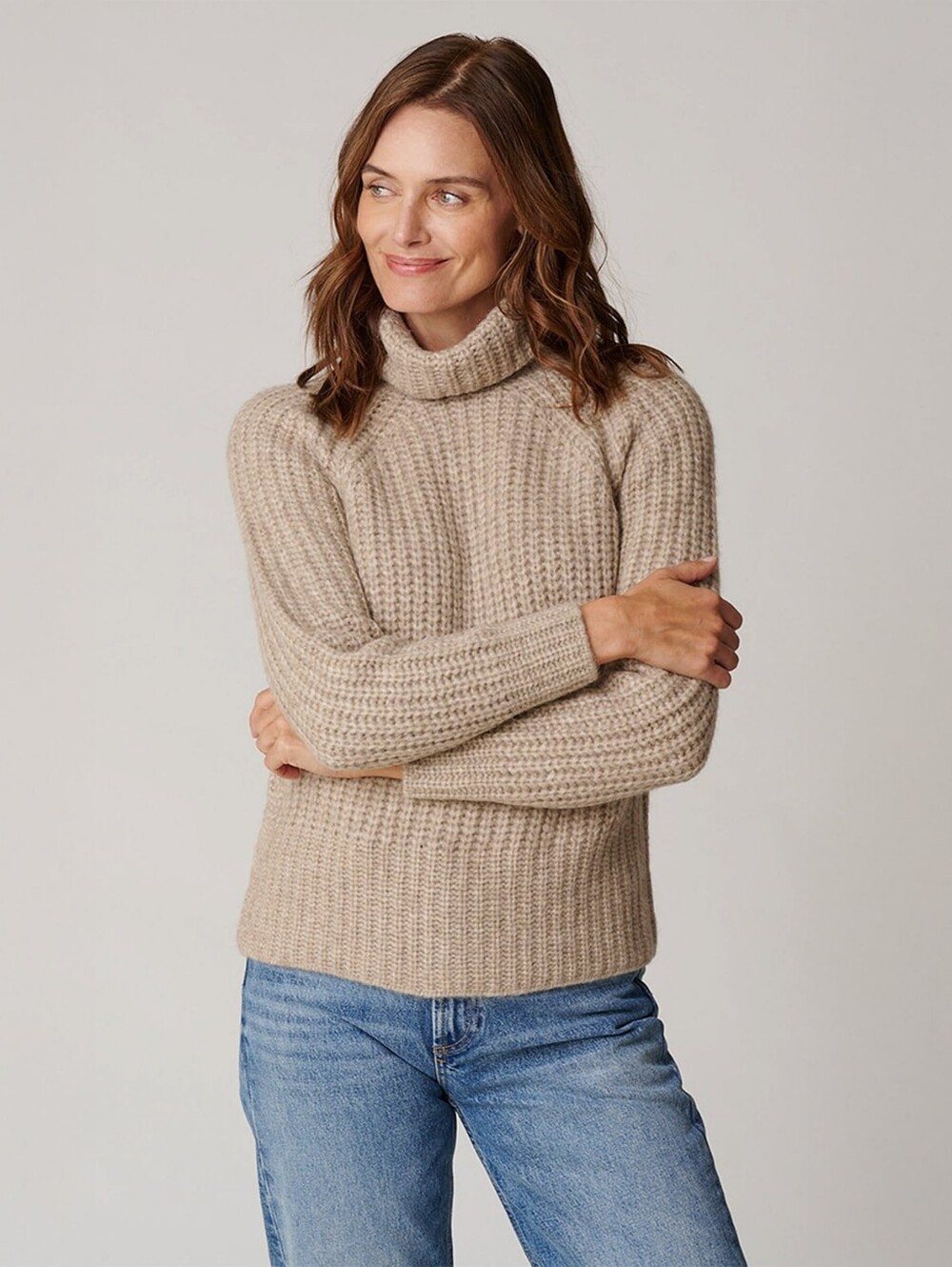 PACAS Tan Chunky Rib Knit Turtleneck Alpaca Wool Soft Cozy Sweater